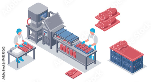 Isometric meat processing factory scene with workers and equipment