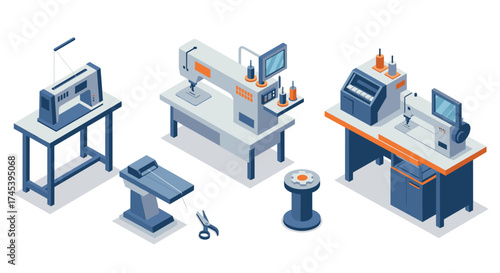 Modern isometric sewing workshop with machines and tools for garment production