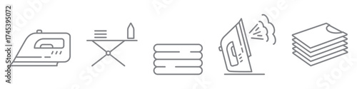 Ironing line icons set isolated on transparent background. Includes iron, ironing board, steam iron, stack of shirts and folded laundry. Simple outline style perfect for laundry and household care.