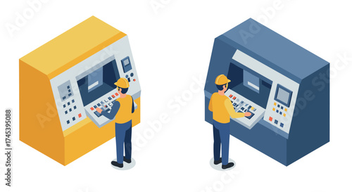 Isometric control panels with operators using machinery in yellow and blue