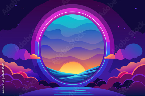 Vibrant ethereal neon portal scene with sunset over water illustration vector