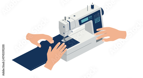 Sewing machine in use for crafting with hands