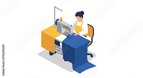 Seamstress working at sewing machine in modern isometric style