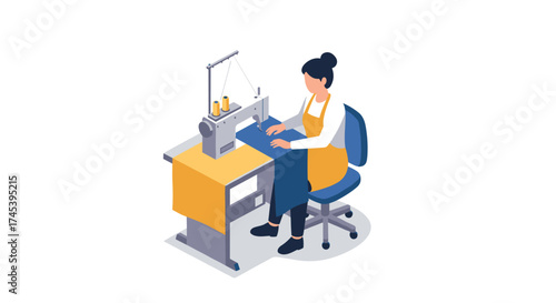 Seamstress at work on sewing machine in isometric design
