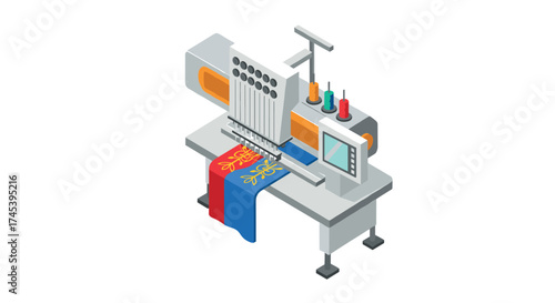 Isometric embroidery machine with computerized controls and colorful fabric