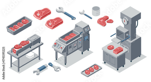 Isometric meat processing factory with machines and equipment on white background