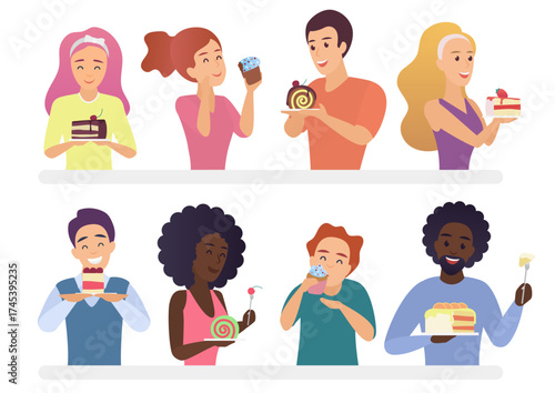 Happy people eating pie and cakes set. Sweet-tooth man and woman cartoon vector illustration
