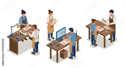 Isometric workshop scene with craftspeople working on creative projects