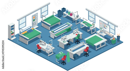 Modern isometric tailoring workshop with sewing equipment and cutting tables