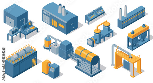 Isometric factory components in industrial style with machinery and equipment set