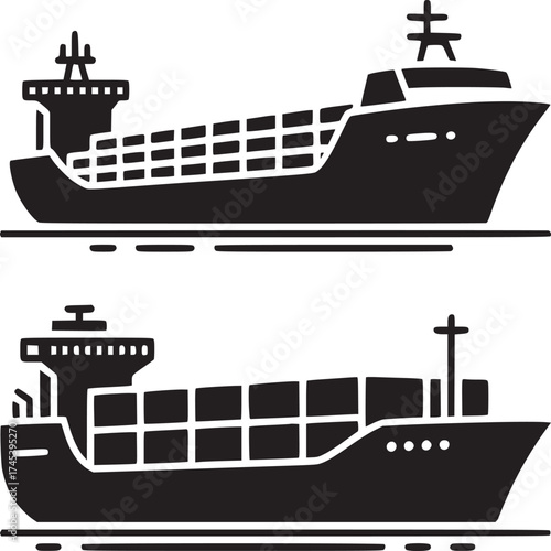 Two black and white vector illustrations of cargo ships on a white background in a simple style