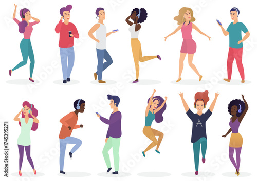 Diverse people dancing and listening music with headphones. Cartoon young guys and girls in casual clothes with audio players vector Illustration set