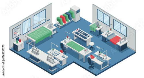 Isometric textile factory room with modern sewing stations and equipment