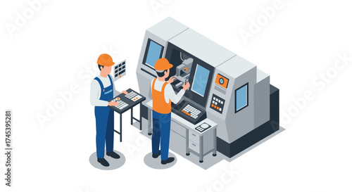 Isometric factory workers operating modern cnc machine with high precision