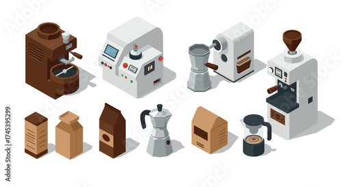 Isometric coffee machine collection with various brewing equipment and packaging