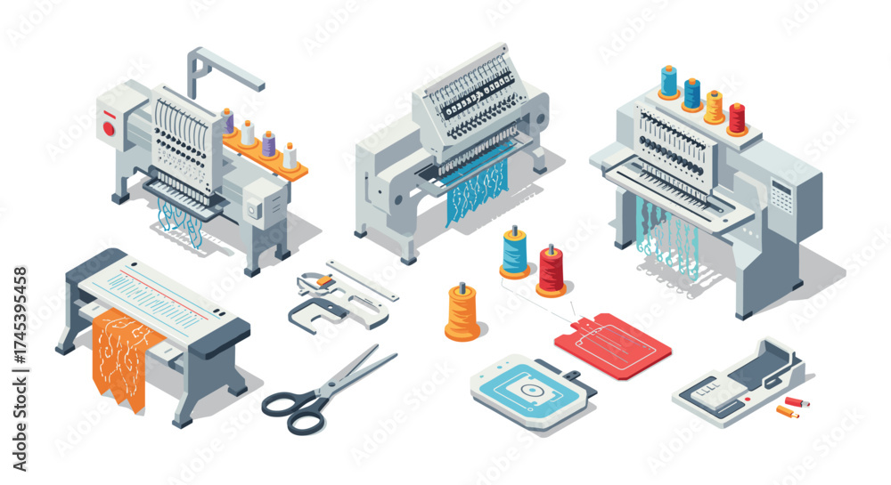 Fototapeta premium Modern isometric embroidery machines and tools with colorful thread spools