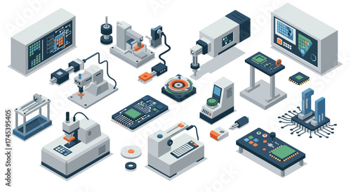 Diverse collection of isometric electronics and machinery components in a modern setting