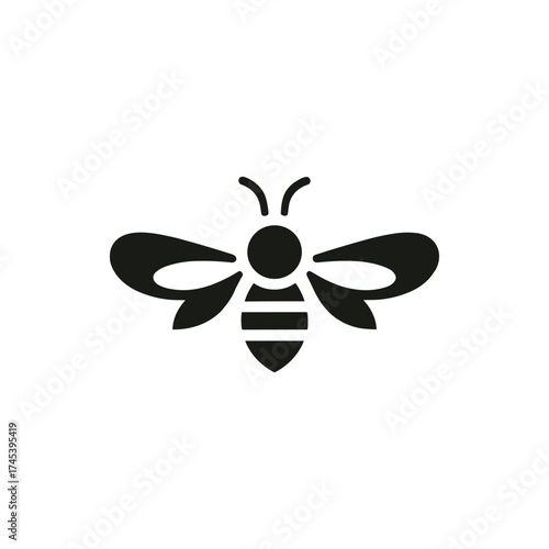 Simple black silhouette of a bee with wings spread, symbolizing nature and pollination