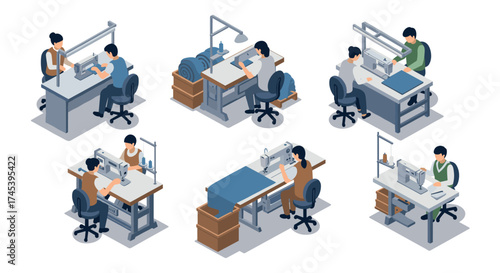 Isometric office scenes designers working at industrial sewing machines
