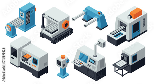 Modern isometric industrial machines and equipment collection for manufacturing
