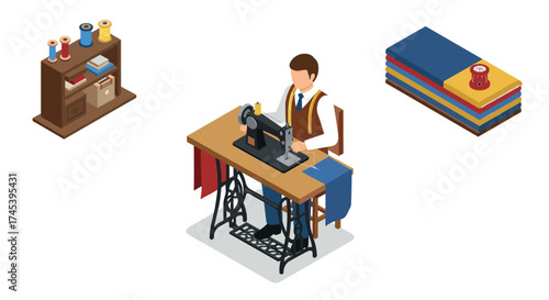 Tailor sewing on machine with fabric and supplies in isometric style