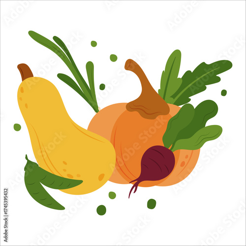 Simple flat vegetables composition. Colorful autumn harvest of pumpkin zucchini eggplant cabbage pepper cucumber potato tomato cabbage corn carrot for healthy and vegetarian food design