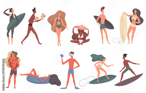 Beach people vector illustration set. Cartoon flat man woman swimming in sea, sunbathing, surfer character surfing, standing walking with surfboard on tropical summer seaside beach isolated on white