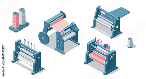 Industrial textile machines in isometric style looms and spools for fabric production