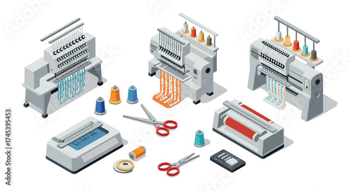 Isometric sewing equipment collection with embroidery machines and accessories in workshop setting