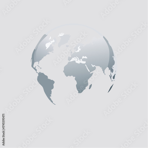 A stylized, glossy, grey globe showing the world map on a light grey background.