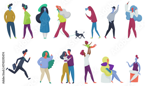 Crowd of vector tiny people set. Parents with kid, couple in love, students with pet. Man and woman vector illustration set