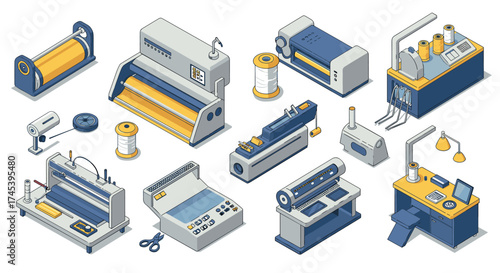 Detailed isometric sewing and printing machines in a modern workshop setting