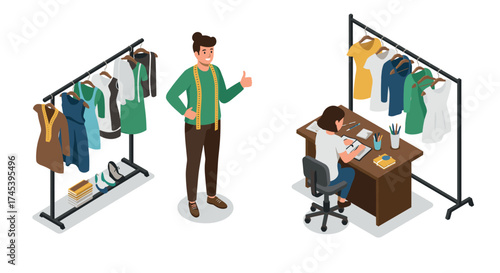 Seamstress designing clothes in home workshop with clothing racks and sewing tools