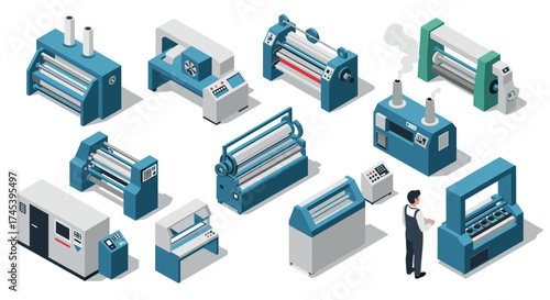 Isometric printing machines set with industrial equipment and operator