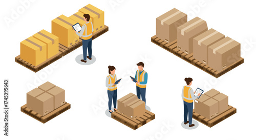 Isometric warehouse logistics and inventory management concept with workers and cardboard boxes