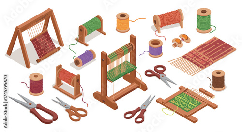 Isometric weaving tools and supplies with yarns, looms, and scissors