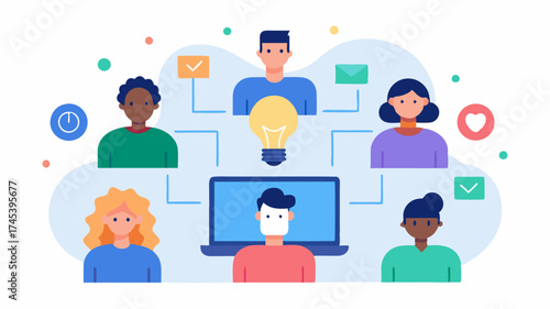 A digital workspace featuring a collaborative online tool with team members avatars brainstorming ideas remotely showing technologys role in creativity.