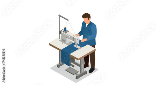 Isometric tailor at work with sewing machine on white background
