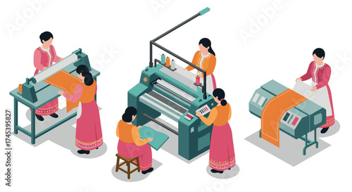 Women operating textile printing machines in isometric factory setting