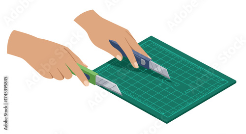 Hands using utility knives on cutting mat for crafting projects