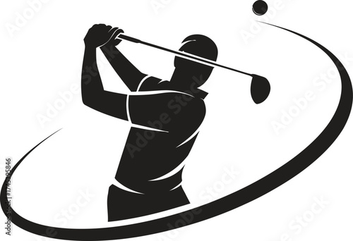 Silhouette of a golfer swinging a club with a swoosh graphic