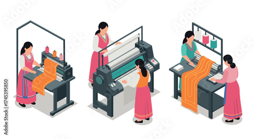 Women using industrial sewing machines in traditional garments isometric illustration
