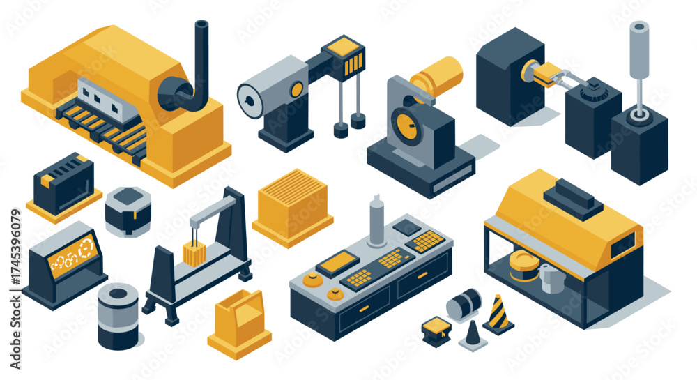 Obraz premium Isometric factory equipment icons for industrial automation