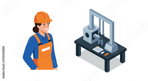Isometric factory worker with 3d printer and calculator in industrial setting