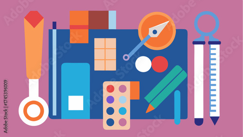 A flat lay of essential design tools including scissors rulers ting mats and a palette of inks arranged in a harmonious composition.
