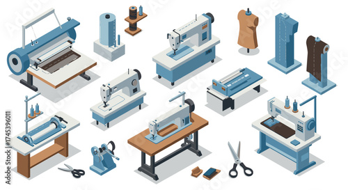 Isometric sewing machine and tailoring equipment set for creative workshop design
