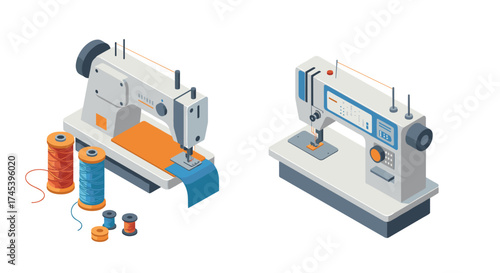 Modern isometric sewing machines with colorful thread spools