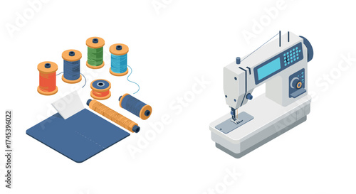 Modern sewing machine and thread spools on white background
