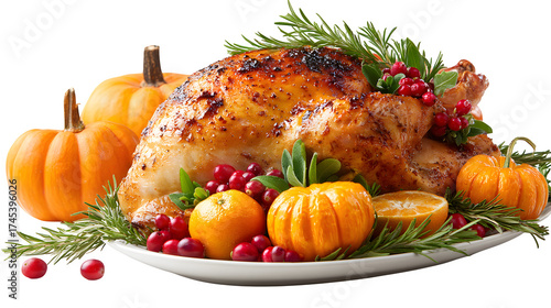 Roasted Turkey with Autumn Harvest isolated on white background