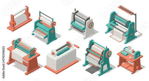 Isometric set of industrial machines for fabric processing and textile manufacturing